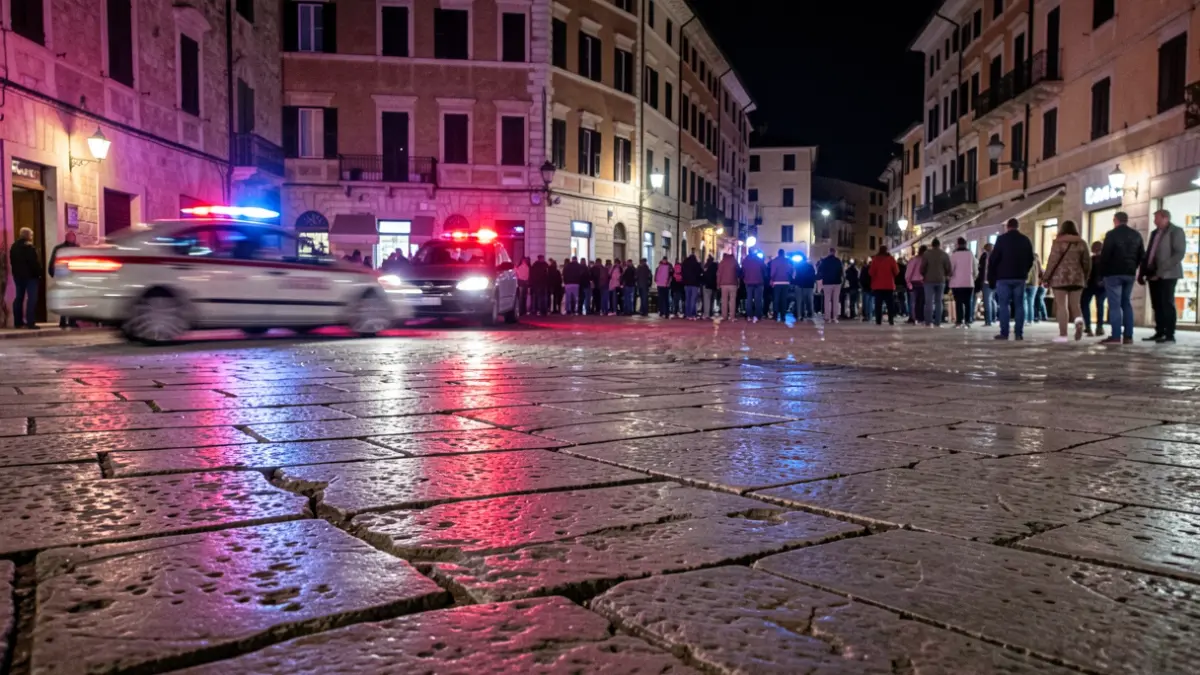 Superfície de pedra esquerdada en una plaça de poble andalús de nit, amb llums d'emergència borroses reflectint-se sobre l'asfalt humit.