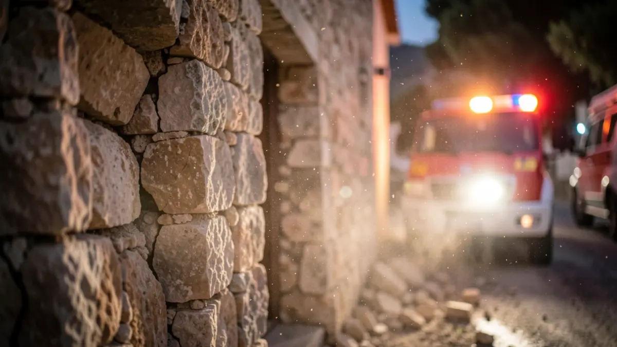 Imagen de una pared de piedra agrietada con polvo en el aire, iluminada por luces de emergencia.