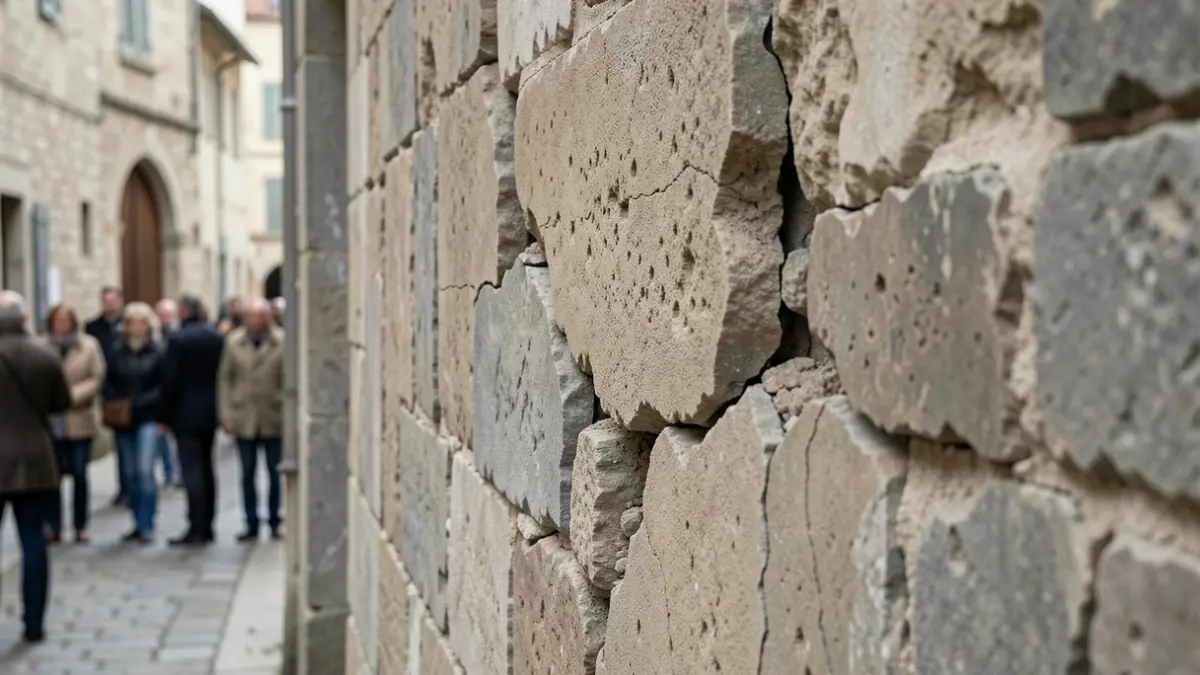 Detalle de muro de piedra agrietado por un terremoto.