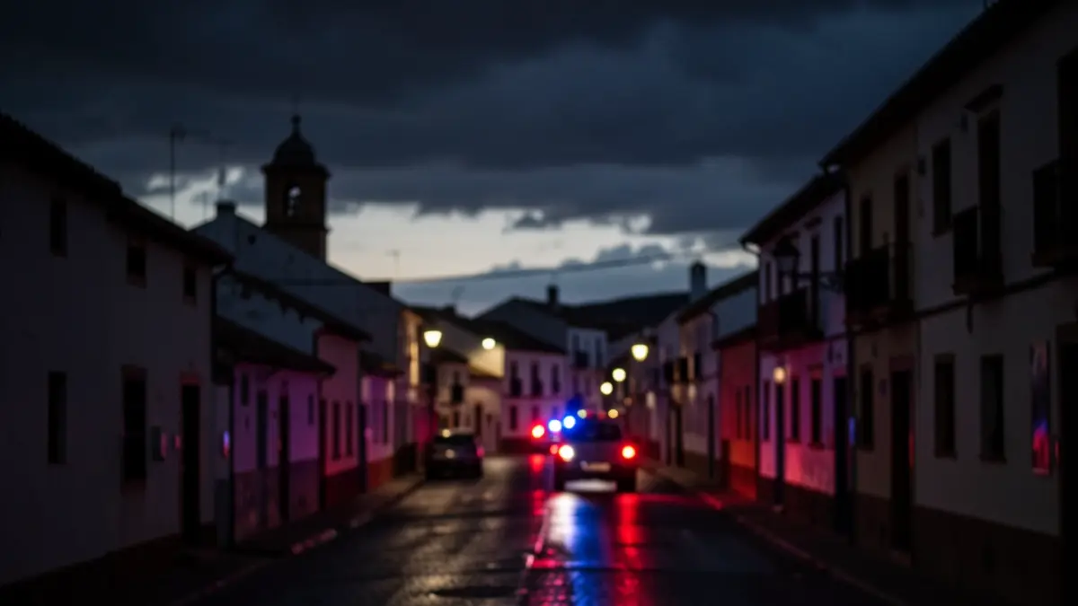 Cielo oscuro y tenso sobre un pueblo andaluz con luces de emergencia reflejadas en calles mojadas.