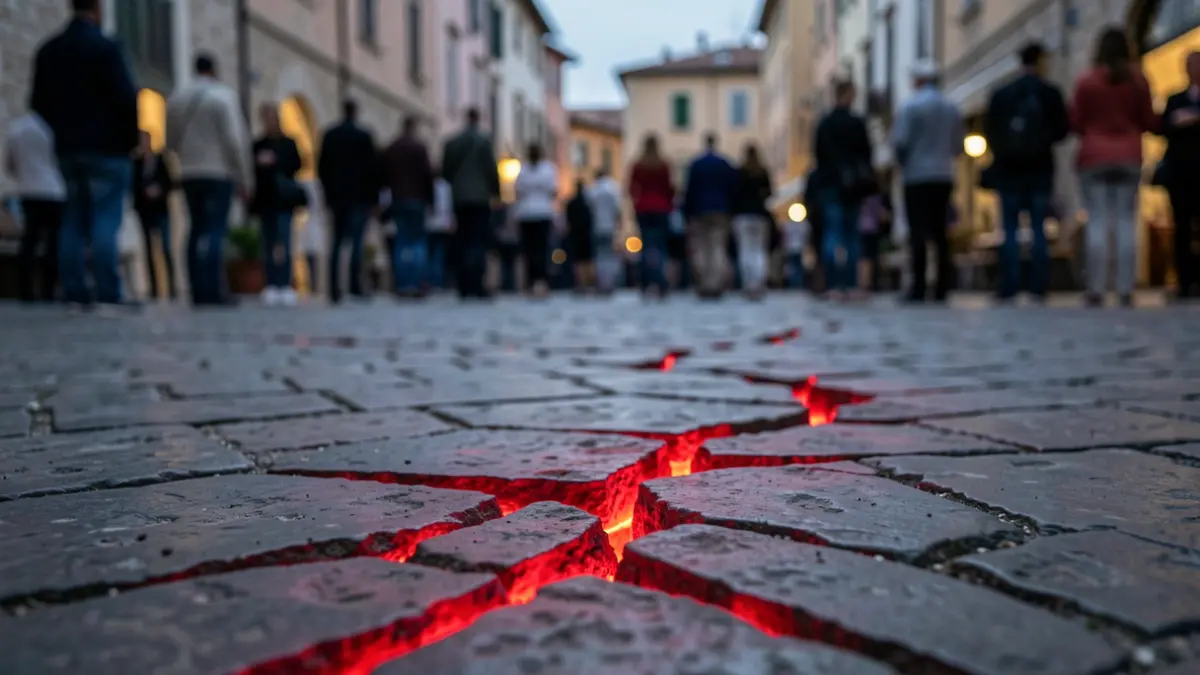 Cracks in stone pavement with a faint red glow, symbolizing earthquake aftermath.
