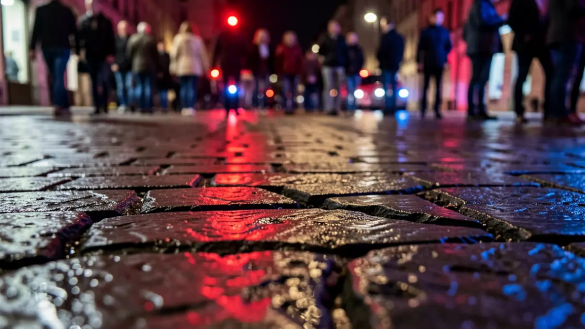 Imagen genérica de grietas en el pavimento con luces de emergencia.