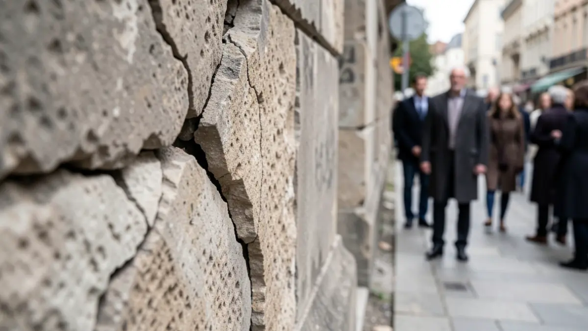 Imagen de una pared de piedra agrietada por los terremotos.
