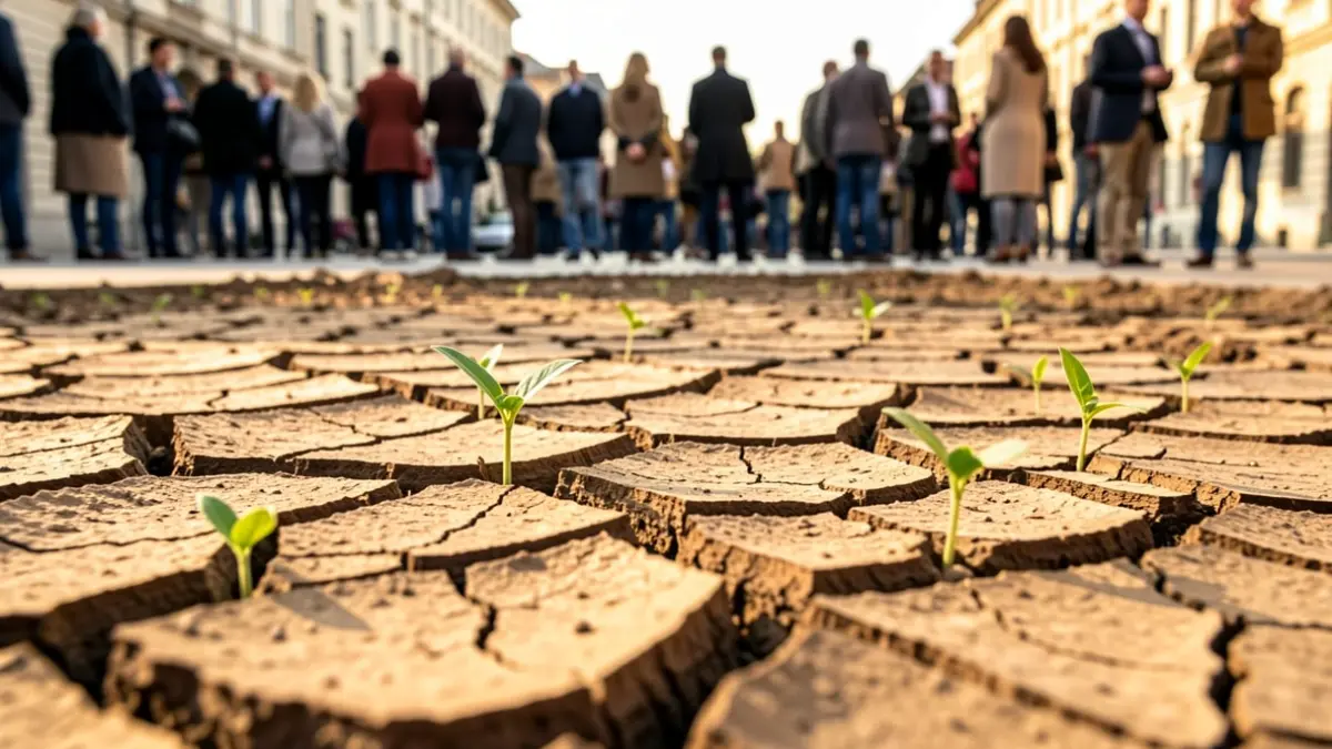 Generic image of cracked earth with green sprouts, symbolizing resilience after seismic activity.