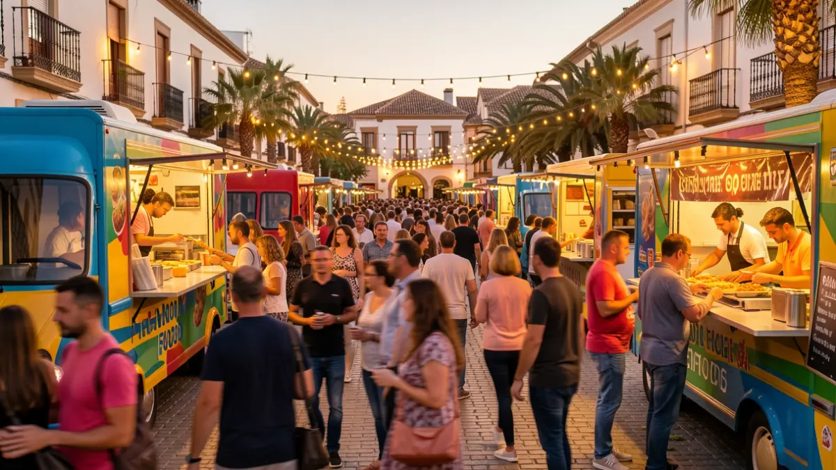 Generic image of a street food festival in Andalucía with food trucks and crowds.