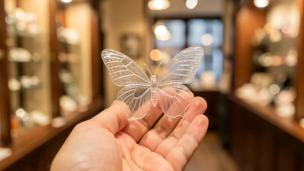 Primer plano de una mano sosteniendo una delicada mariposa translúcida, simbolizando la piel de mariposa. Fondo de tienda borroso.