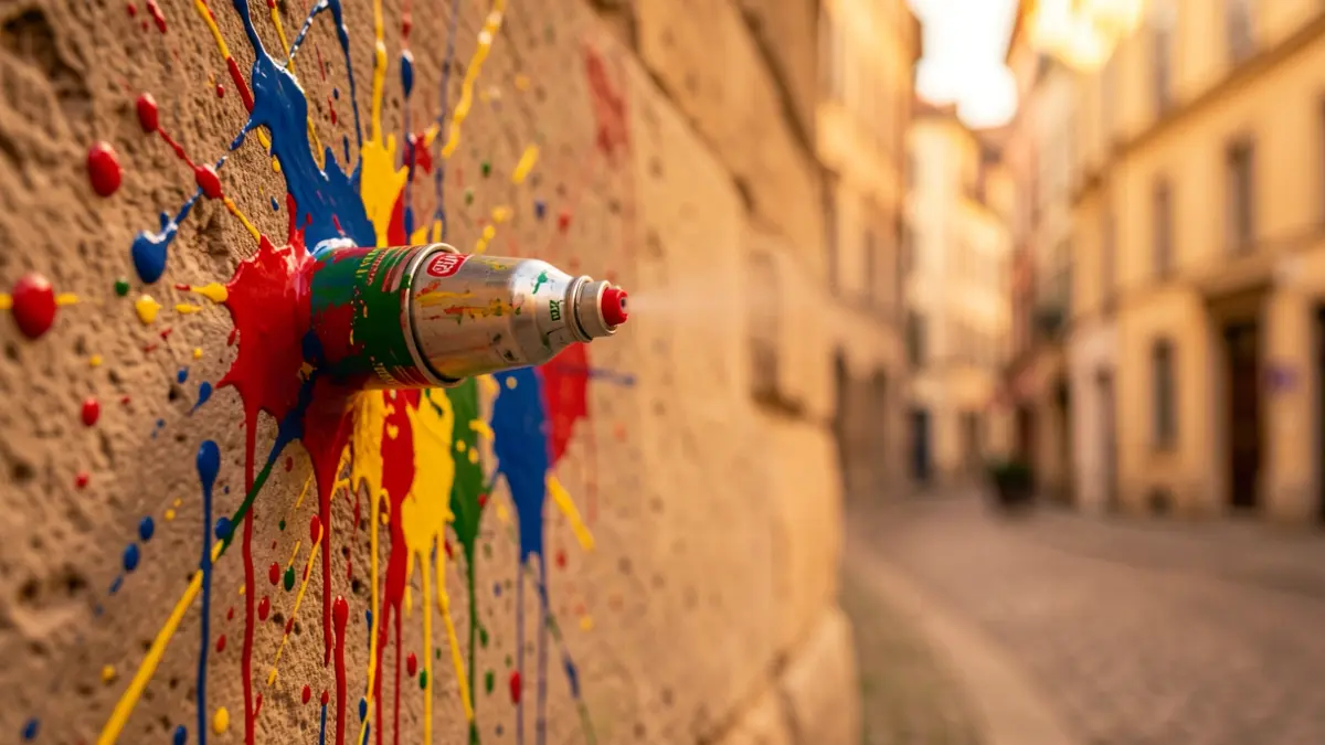 Primer plano de una boquilla de spray con salpicaduras de pintura vibrante sobre una superficie de piedra texturizada, sugiriendo vandalismo en un entorno urbano histórico.