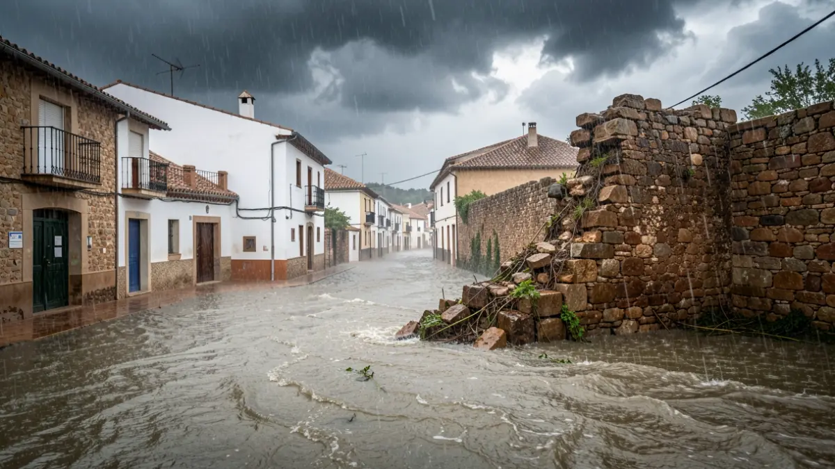 Image of a strong storm with flooding and a wall collapse in a town in Granada.