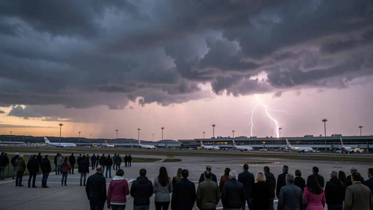 Storm clouds over Malaga airport runway at dawn, with lightning illuminating the sky.