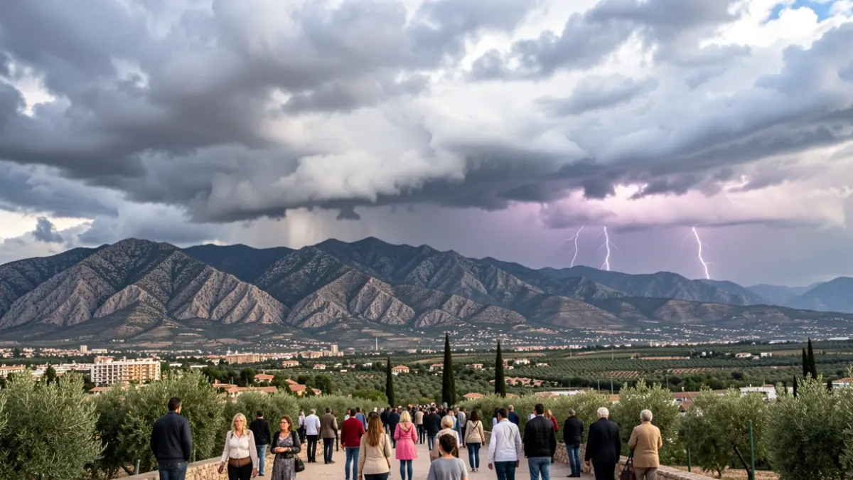 Storm clouds over the mountains of Granada with lightning.