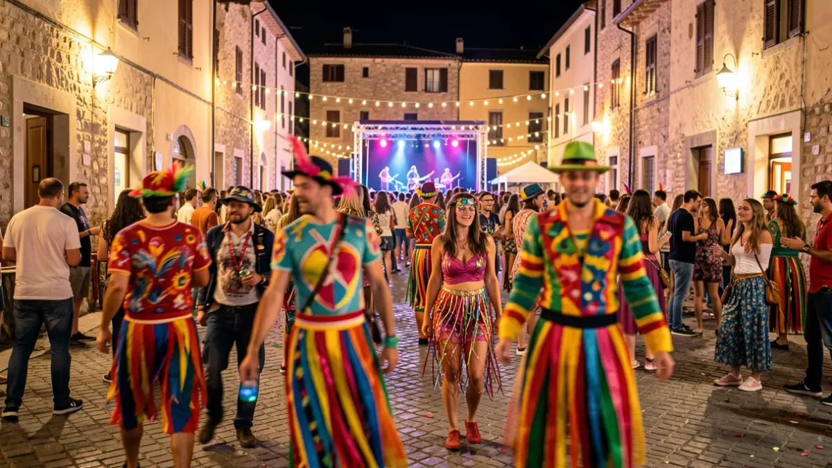 Imagen genérica de una plaza de pueblo mediterráneo por la noche, con gente disfrazada y luces festivas.