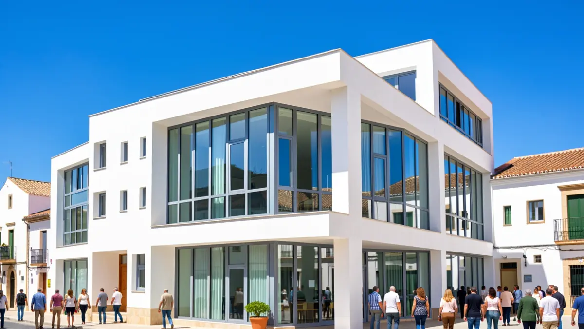 Fachada de un edificio universitario moderno en Torremolinos, con arquitectura que combina diseño contemporáneo y estilo andaluz.
