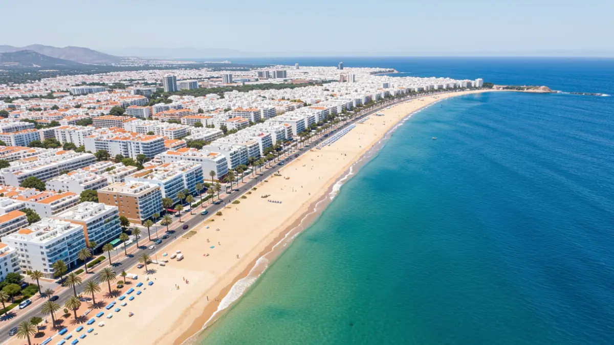 Vista aérea de la costa de Torremolinos con playas limpias y zonas urbanas.