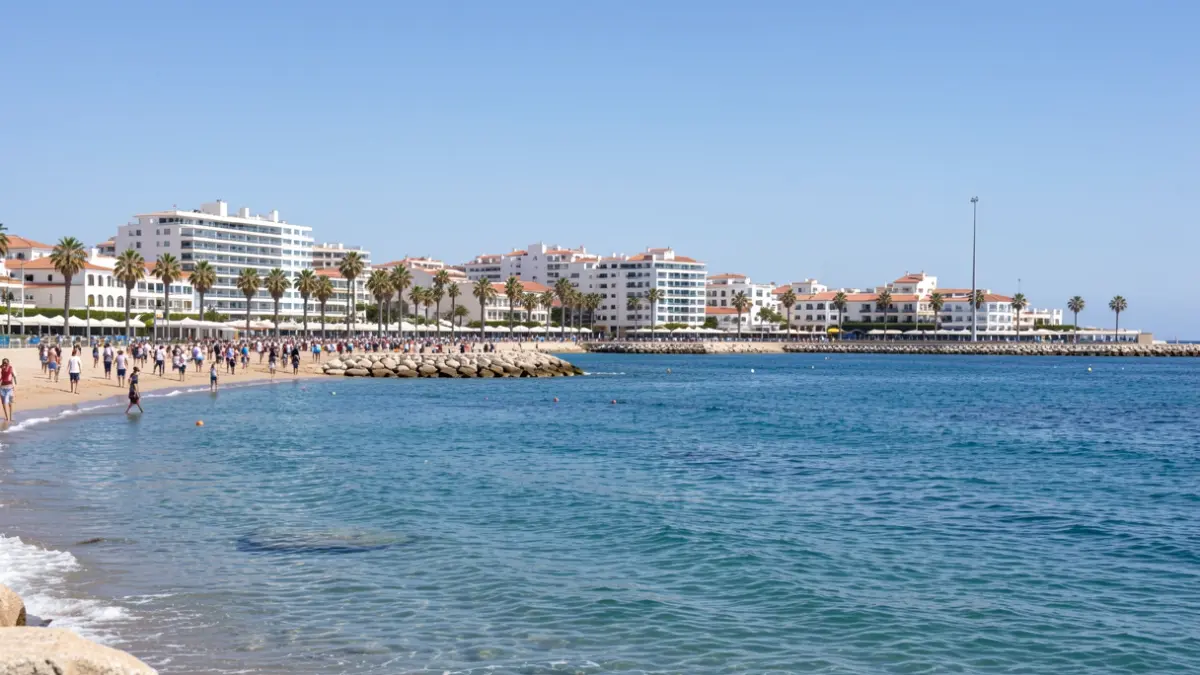 Cielo soleado sobre la costa de Torremolinos con mar en calma y arquitectura mediterránea.