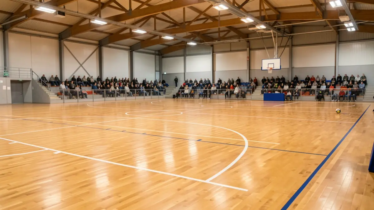 Interior of a sports pavilion with a polished wooden floor.