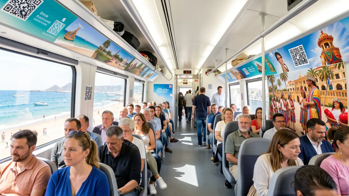 Interior de un vagón de metro de Málaga tematizado con la campaña 'Tremendo Torremolinos', mostrando imágenes de playas y cultura.