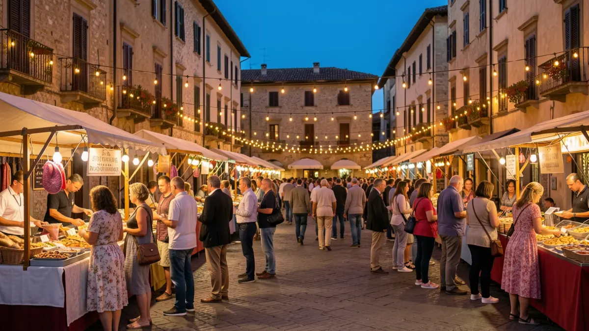 Imagen genérica de una plaza italiana con luces cálidas y ambiente festivo.