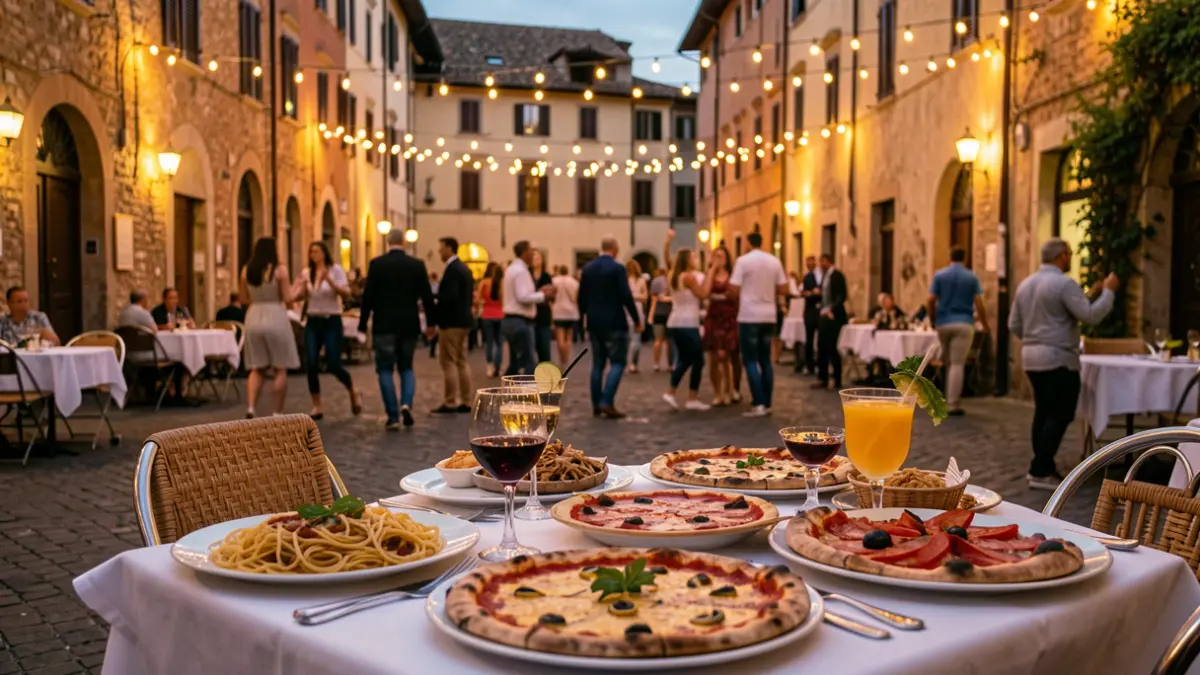 Imagen de una plaza italiana ambientada para un festival gastronómico con mesas, comida y gente bailando.