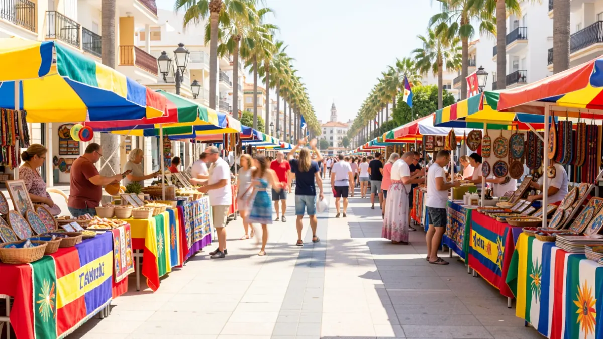 Image of a Cuban festival in Torremolinos with craft and food stalls.