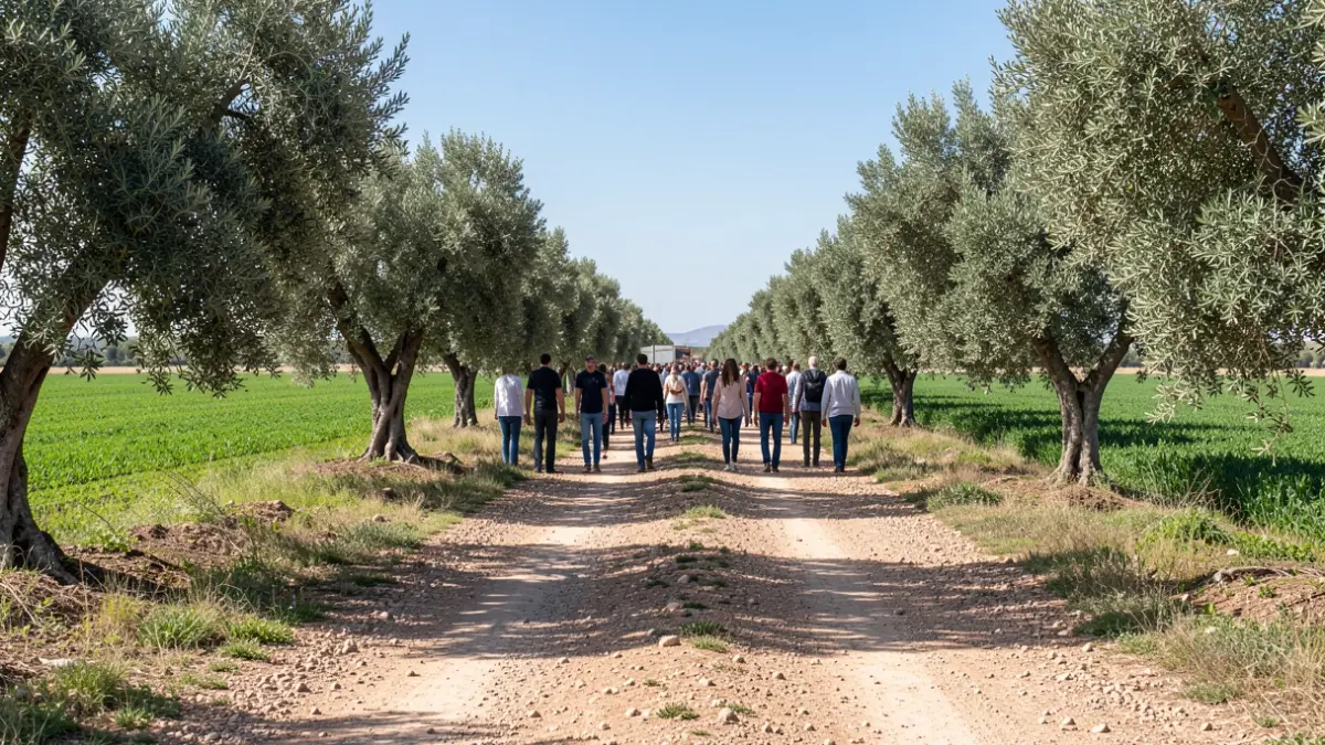 Rural road in Andalusia with green fields and olive trees.
