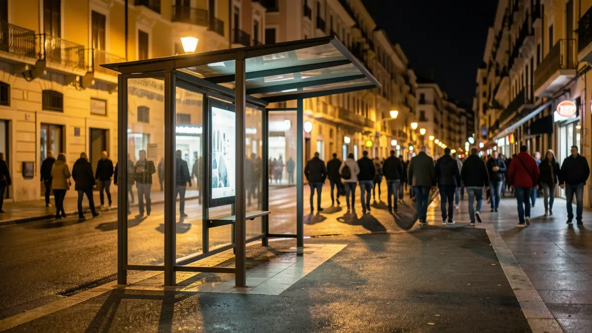 Generic image of a bus stop at night in a Mediterranean city.
