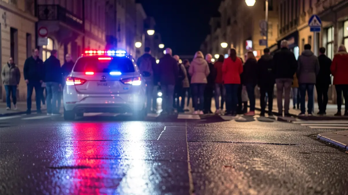 Imagen genérica de luces de emergencia policiales reflejándose en el asfalto mojado por la noche.