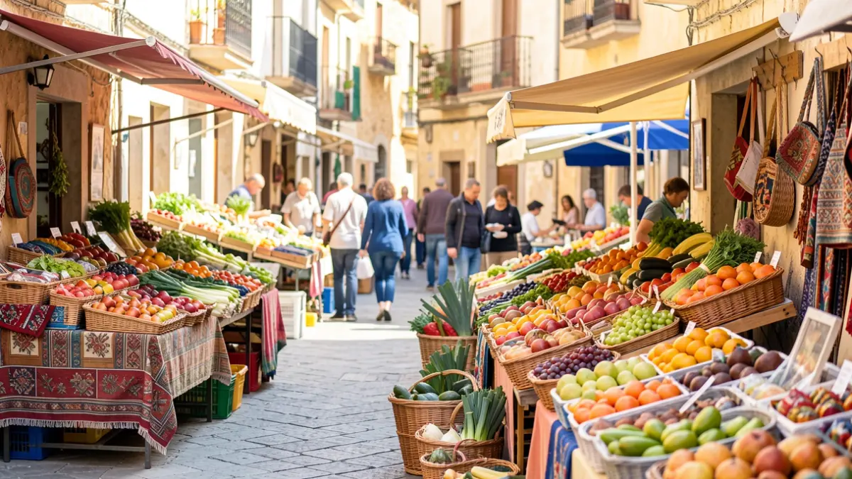 Generic image of a weekly market in a Mediterranean town square.