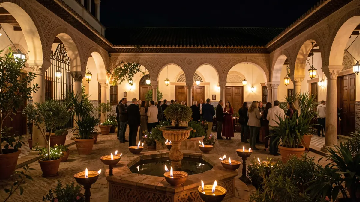 Historic courtyards of El Puerto de Santa María illuminated by 'mariposa' lamps.