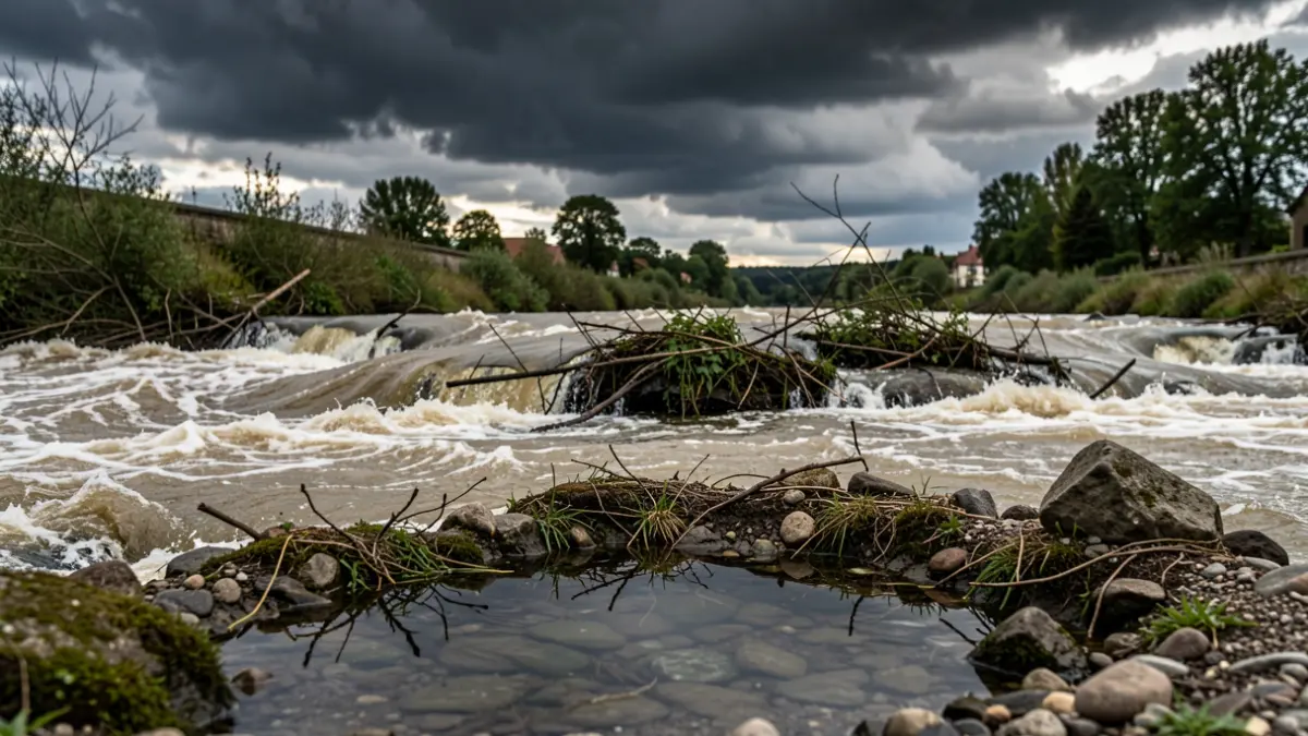 Overflowing river carrying branches and stones near an empty pool, with storm clouds.
