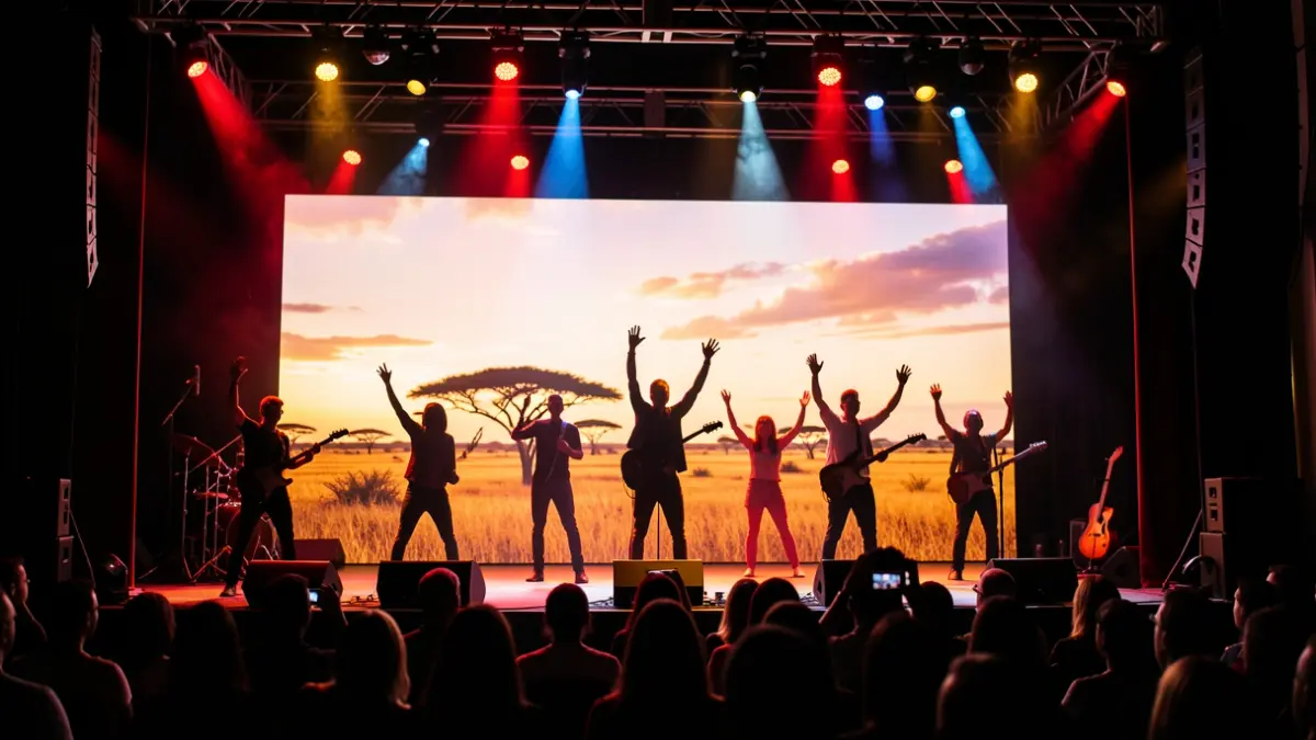 A theater stage scene with vibrant lights and a savanna-evoking backdrop, set for a musical performance.