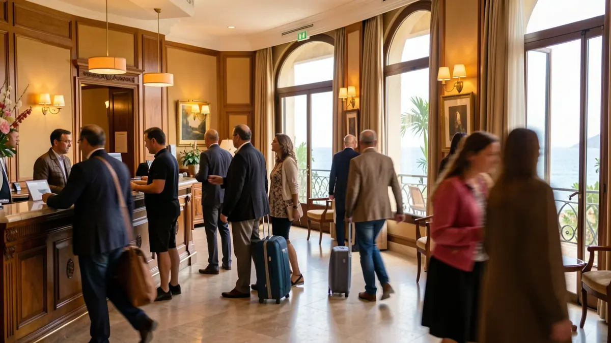 Imagen genérica de un lobby de hotel con turistas en Málaga.
