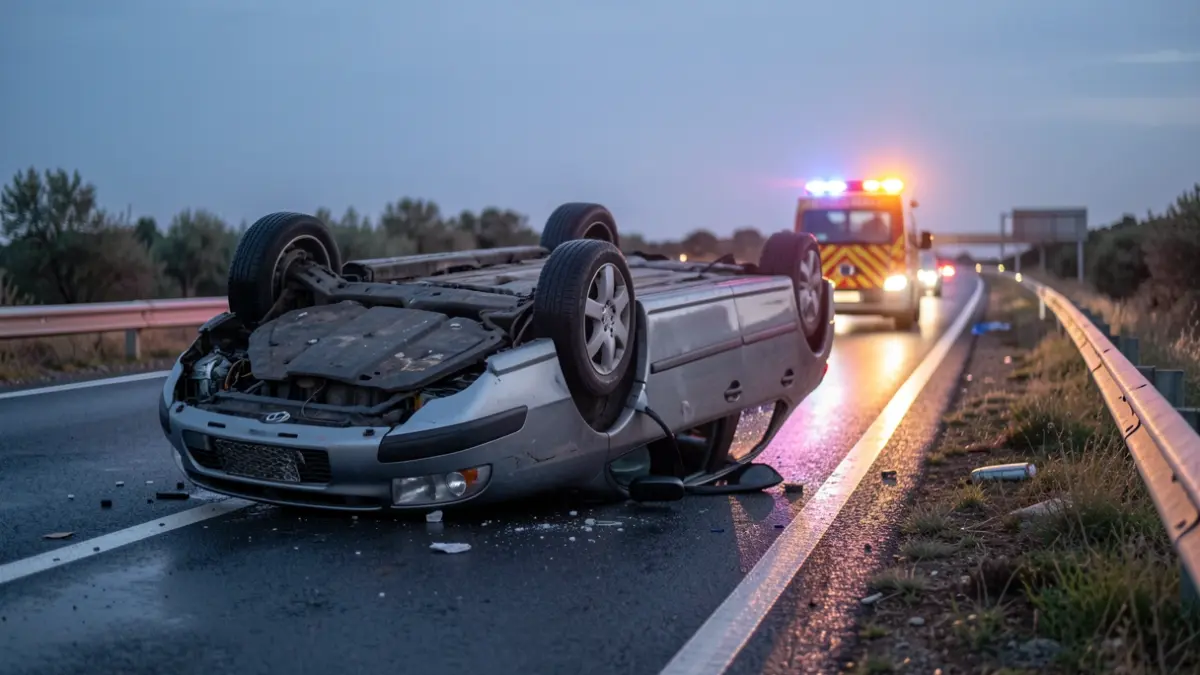 Un turismo volcado fuera de la carretera en la autovía CA-33 entre Cádiz y San Fernando.