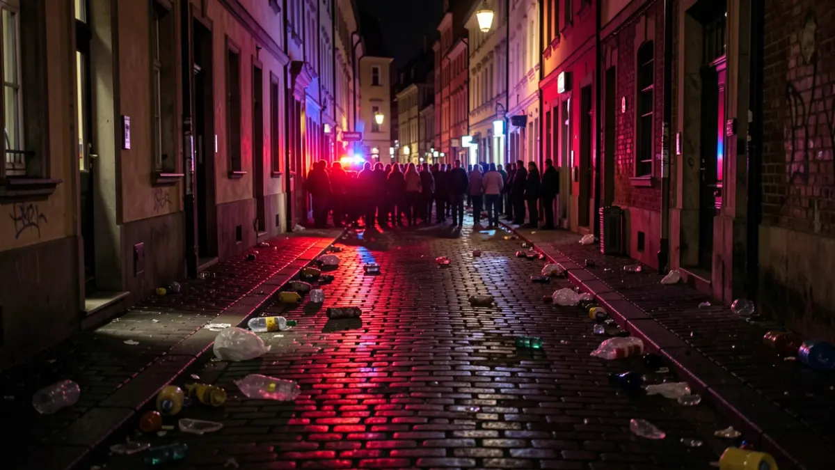 Calle oscura y sucia en Málaga por la noche, con luces de policía y restos de vandalismo.