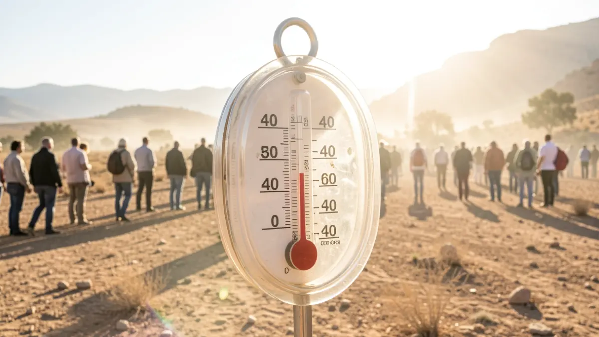 Thermometer showing over 40 degrees in a dry, sunny landscape of southern Spain.