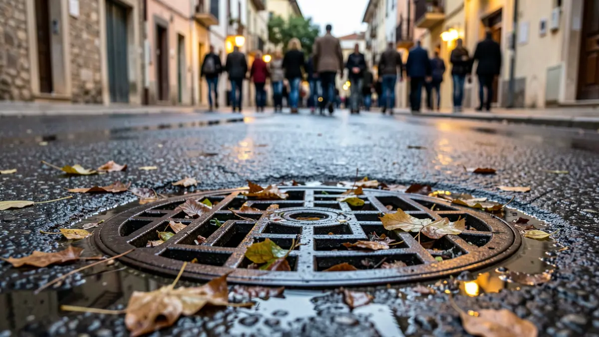 Imagen genérica de un imbornal en una calle mojada.