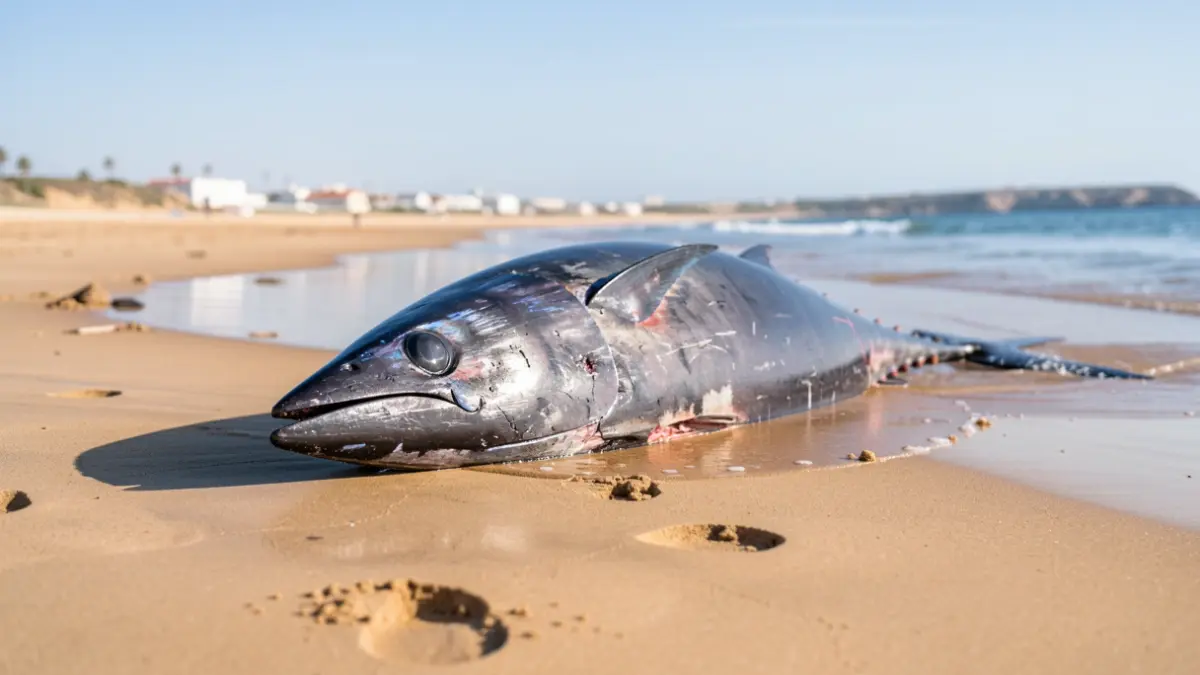 Un atún de gran tamaño varado en la orilla de la playa Cruz del Mar en Chipiona.
