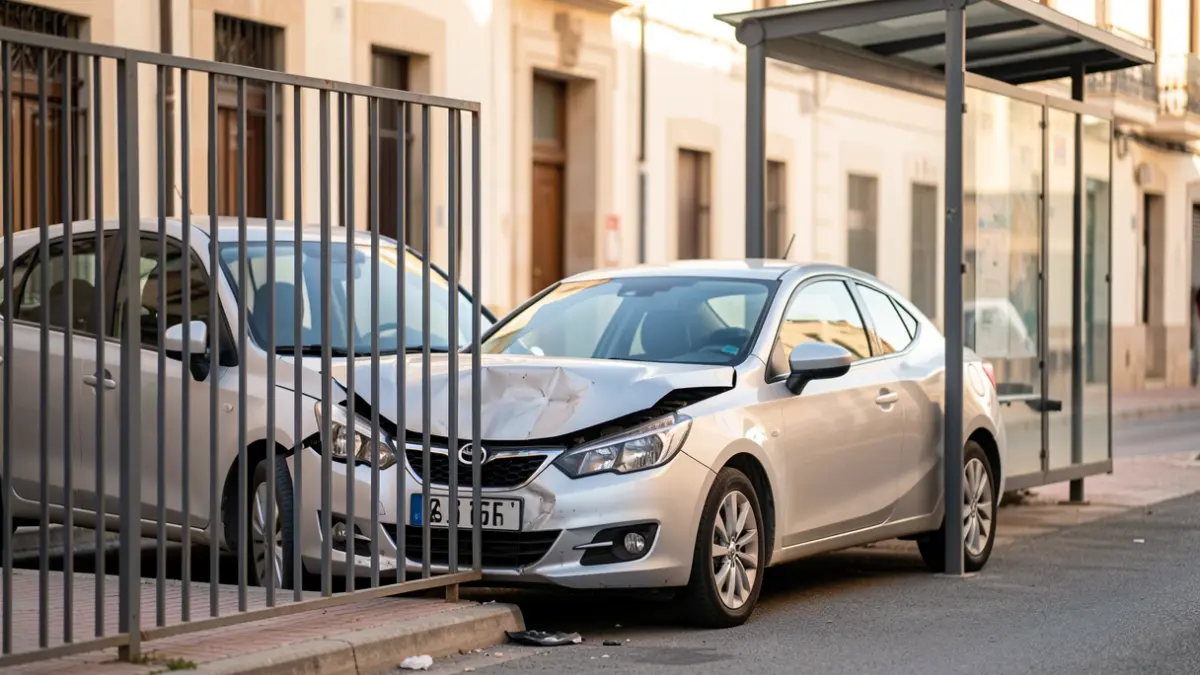 Vehículo plateado empotrado en una valla metálica junto a una marquesina de autobús en Almería.