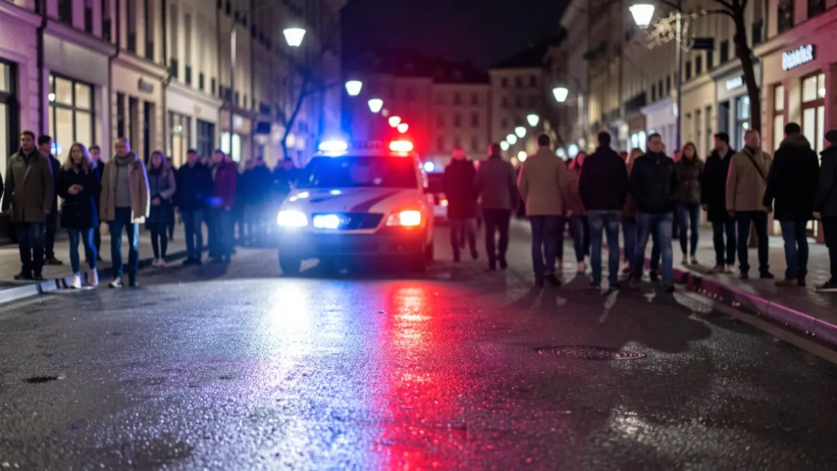 Generic image of police emergency lights reflecting on wet asphalt.