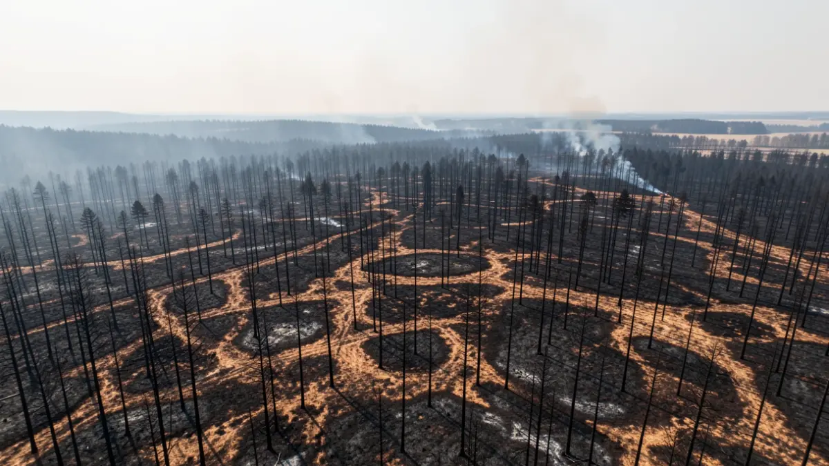 Vista aérea de un paisaje devastado por un incendio forestal, con tierra quemada y árboles carbonizados.
