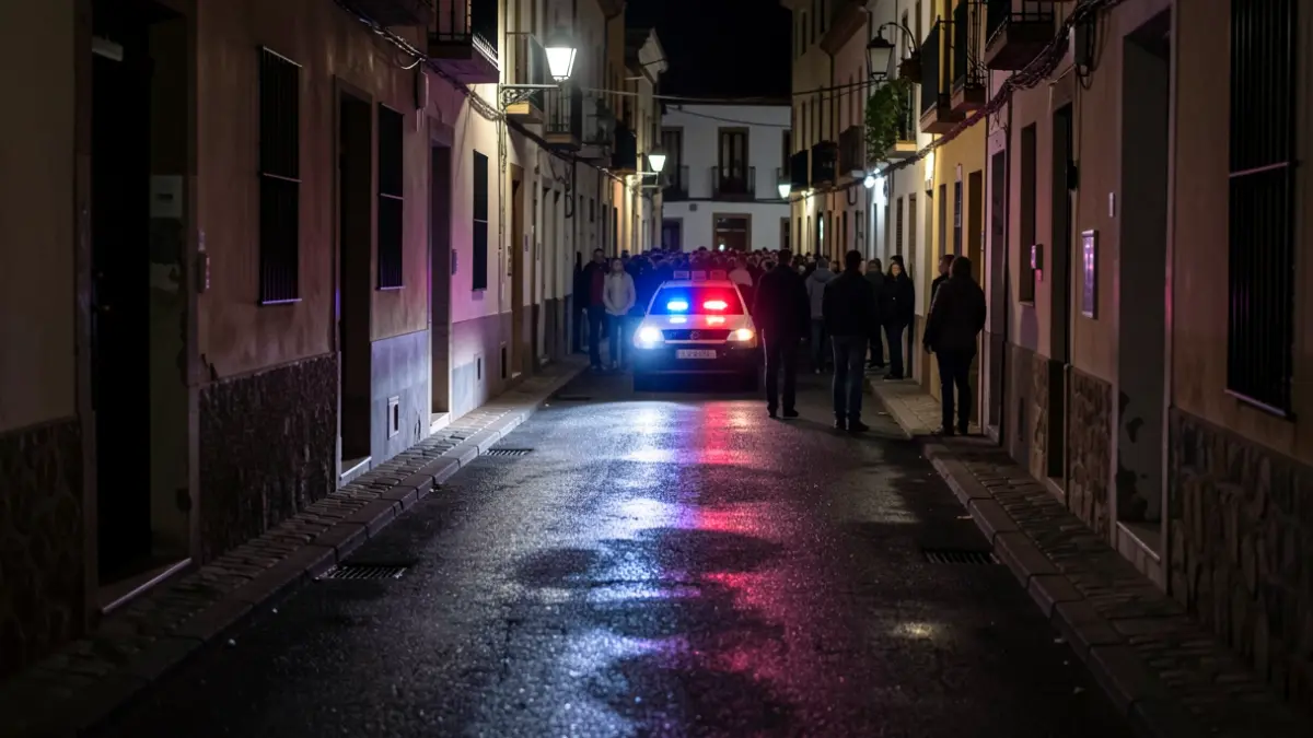 Image of a dark street in Utrera with police lights reflecting on the wet asphalt.