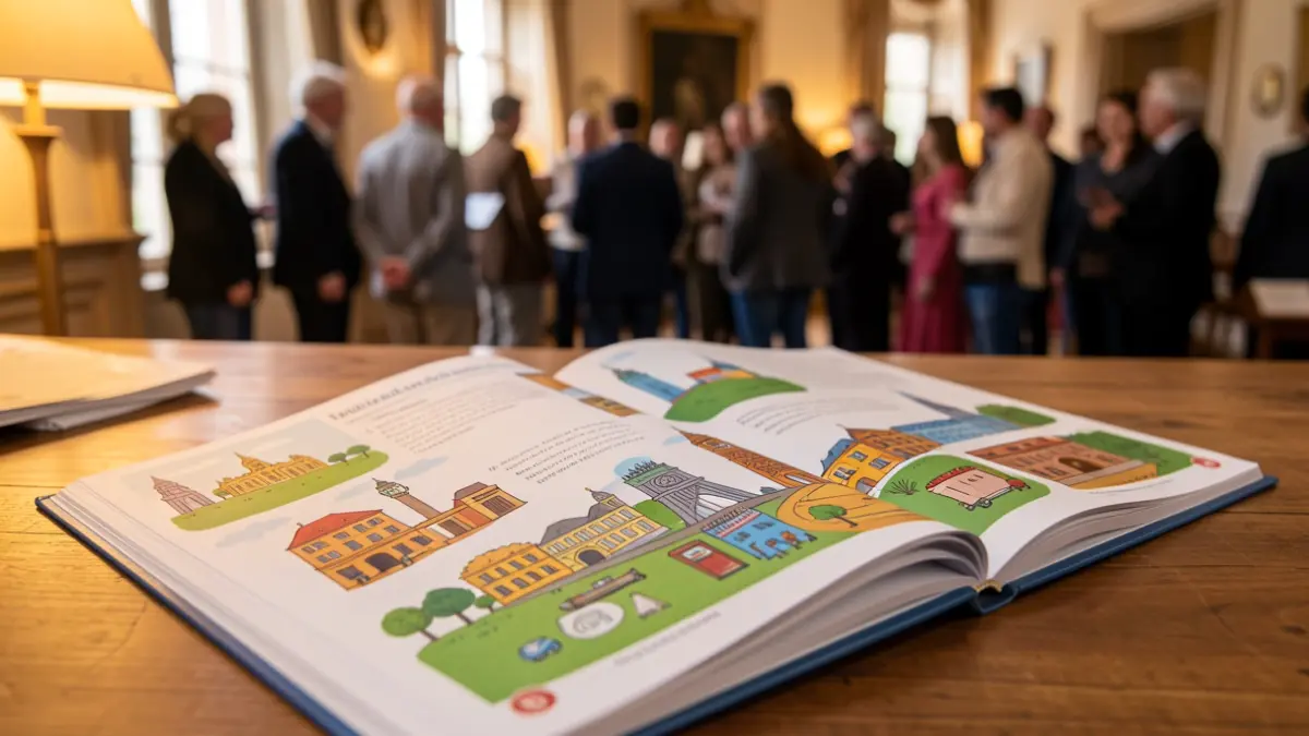 Children's workbook with illustrations of La Línea de la Concepción and educational elements.