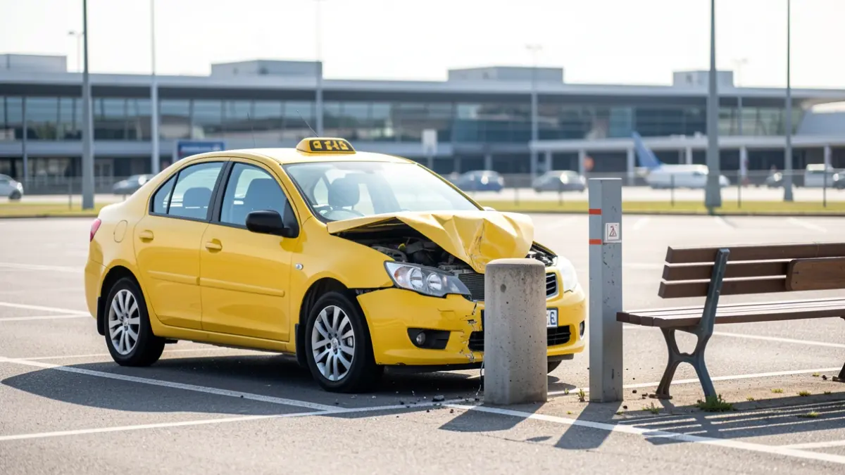 A damaged taxi after colliding with a bollard and a bench at Malaga Airport.