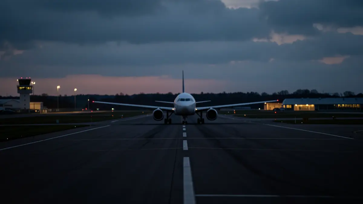 Generic image of an airport runway at dusk.