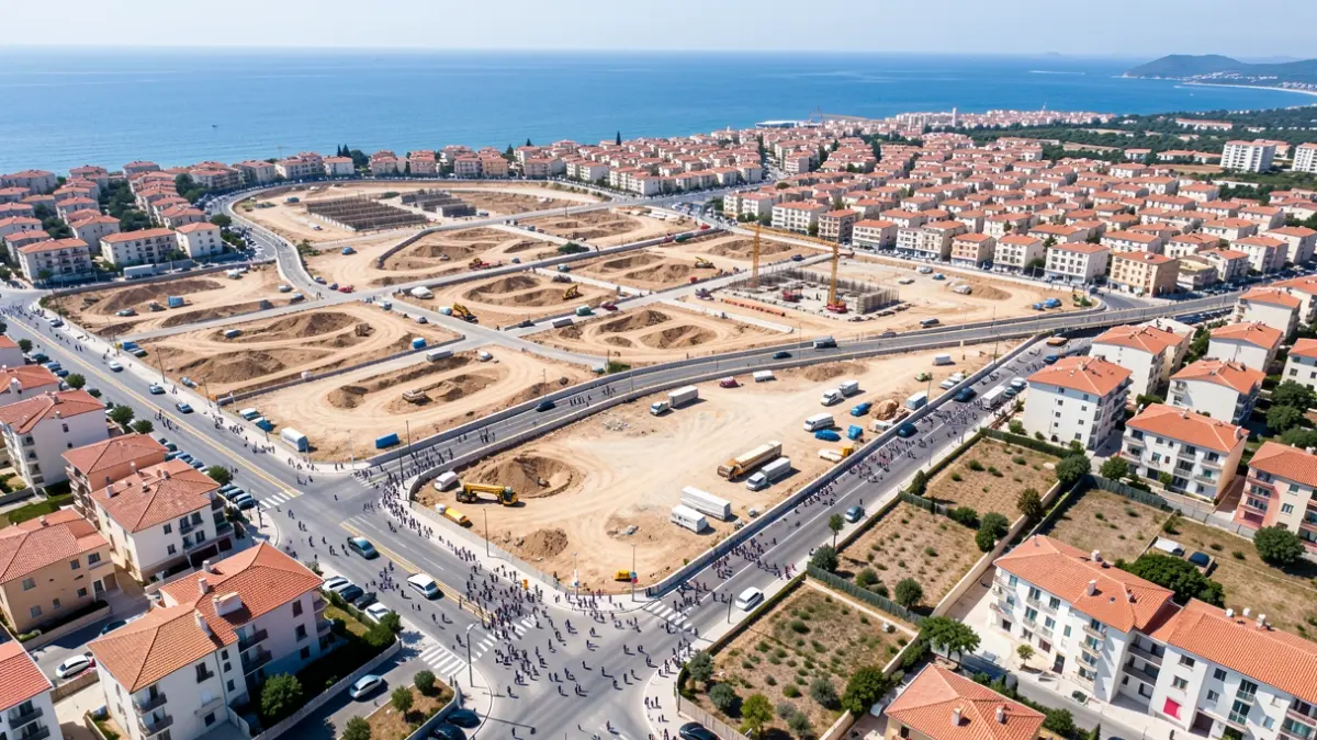 Aerial view of urban development works and new road connections in a coastal municipality.