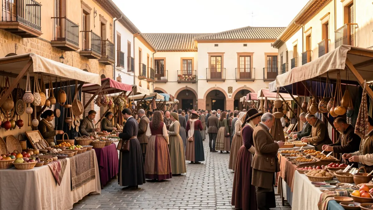 Imagen genérica de un mercado medieval en una plaza de pueblo andaluz con puestos de artesanía y gente vestida de época.