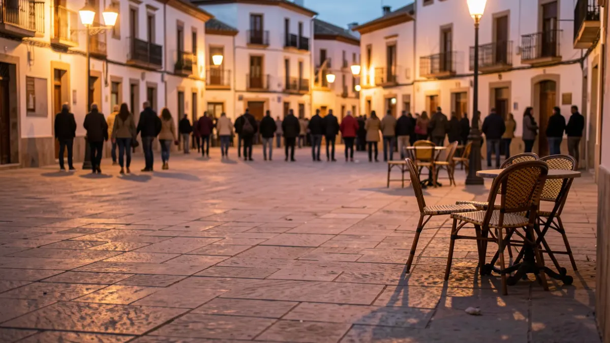Plaza de pueblo andaluz desierta al atardecer con farolas encendidas.