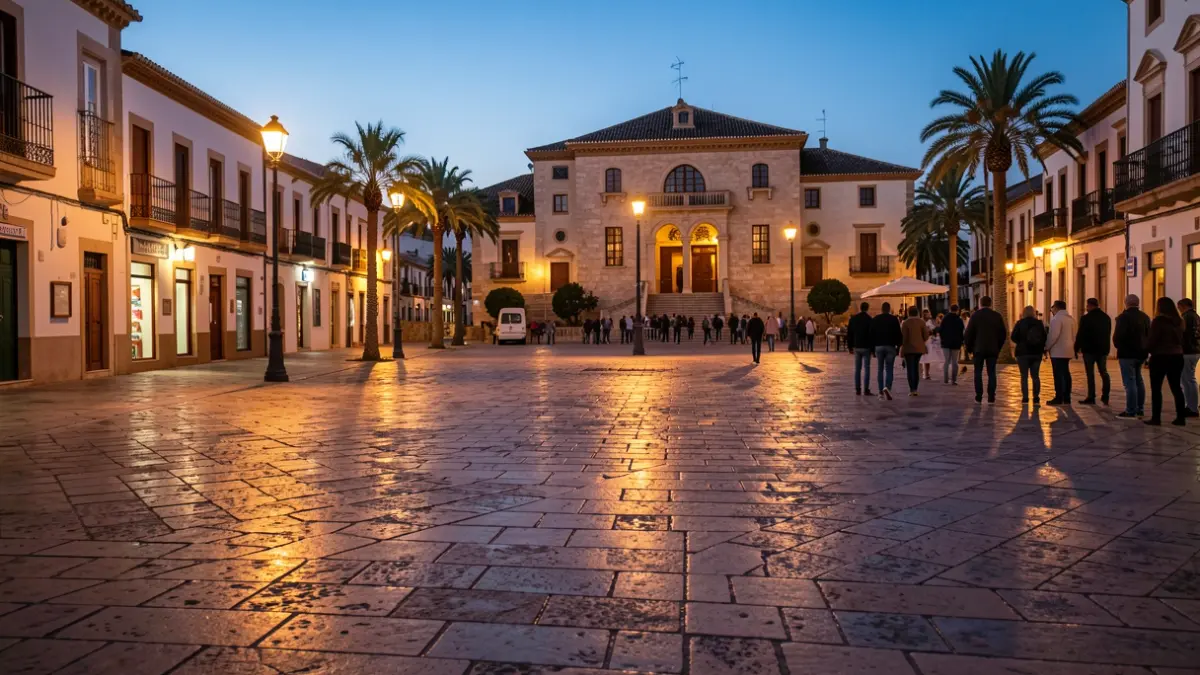 Plaza de Austria in Benalmádena at dusk, with the Casa de la Cultura in the background and streetlights.