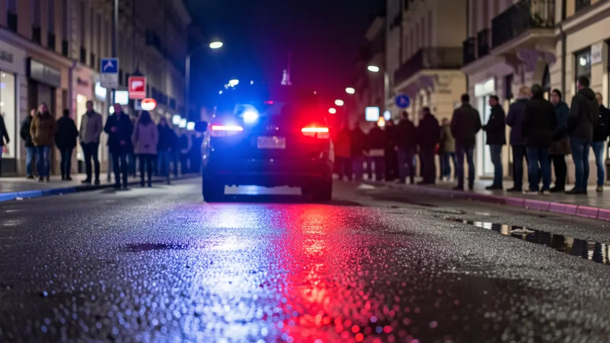 Imagen genérica de luces de emergencia policiales reflejándose en el asfalto mojado por la noche.
