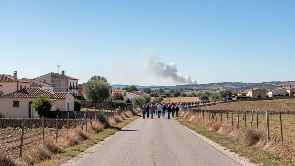 Image of a rural road in Andalusia with scattered houses and a smoke plume in the distance.