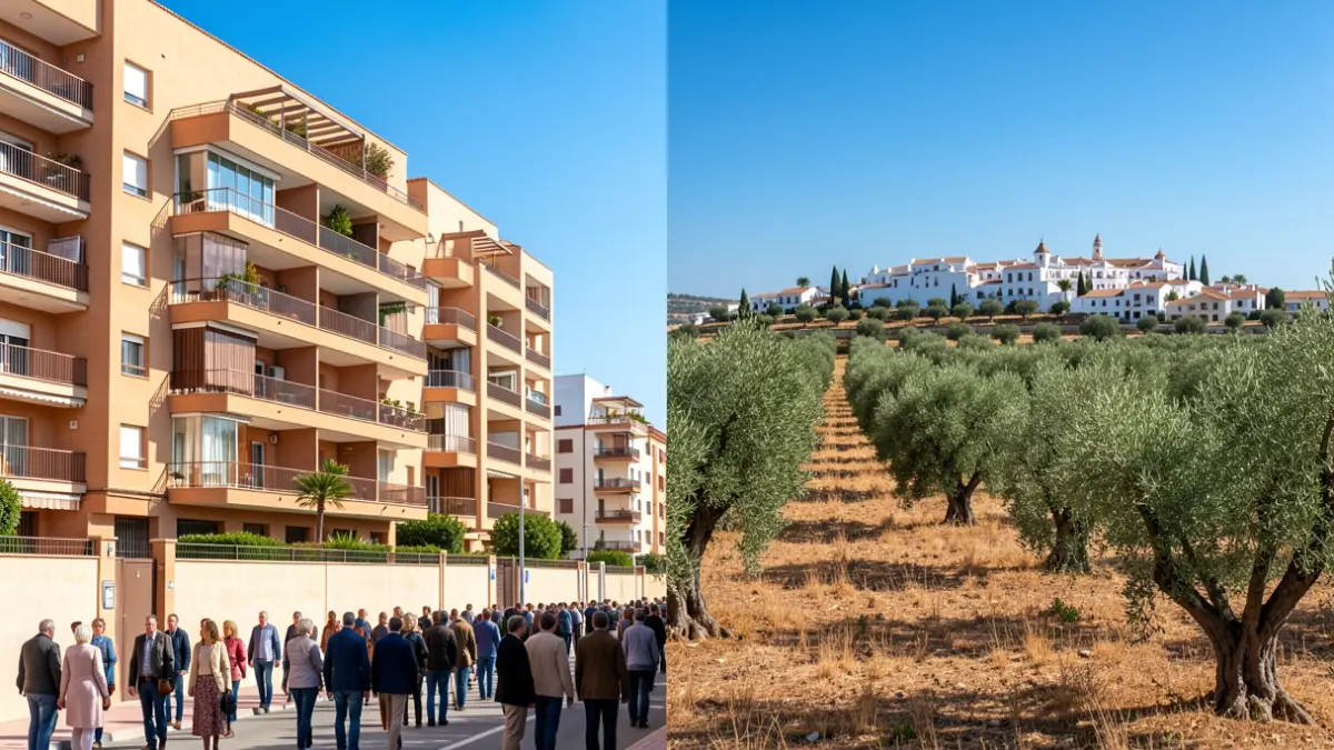 Split image showing a modern apartment building and a rural Andalusian landscape, representing the housing market.